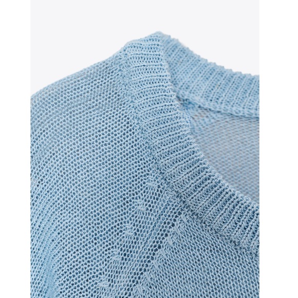 Zara NWT light blue wide 3/4 sleeve knit pull over sweater - Picture 6 of 8